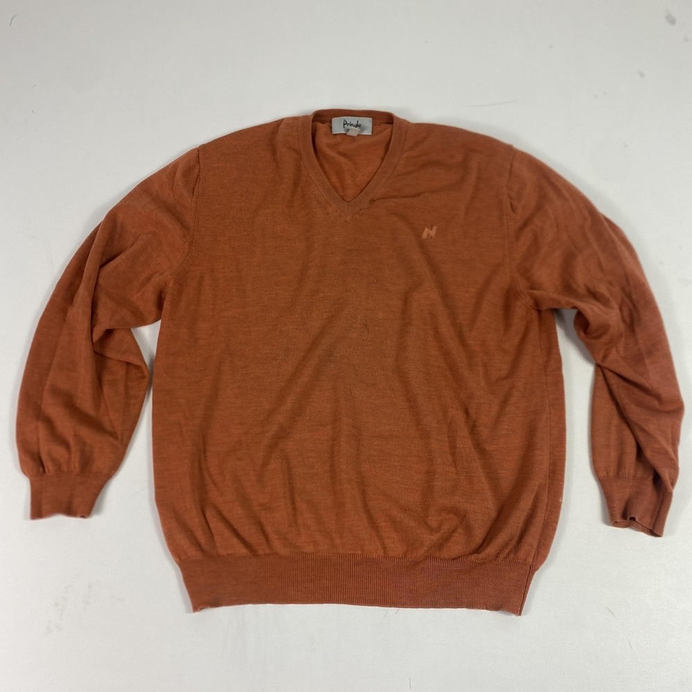 Pringle Sweater Mens XL Orange Merino Wool V Neck Lightweight Knit Made Italy